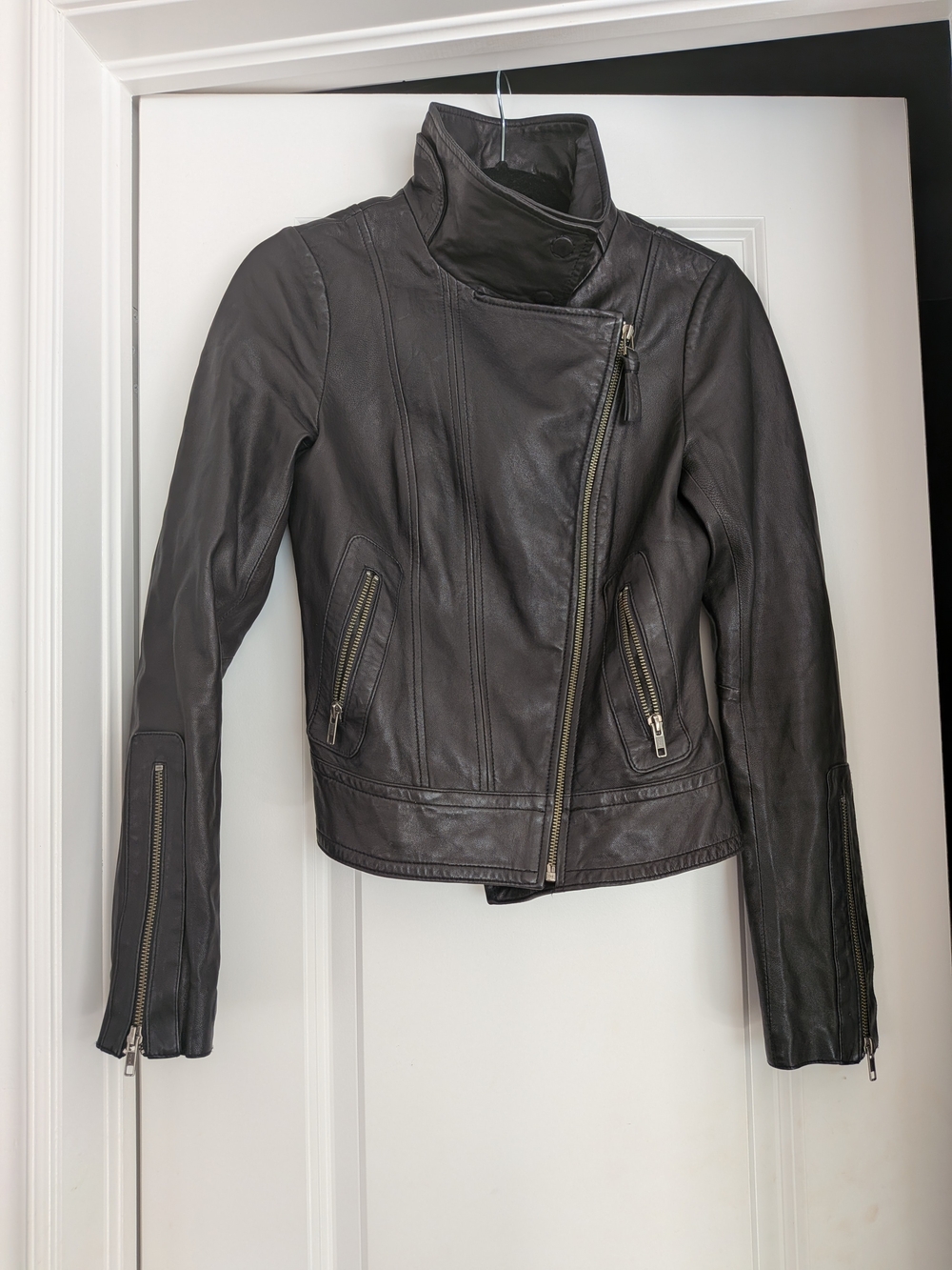 Aritzia Black Asymmetrical Leather Moto Jacket with High Collar